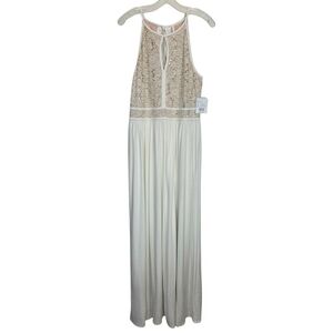 Morgan & Co 12203 Halter Keyhole Glitter Lace Maxi Dress Ivory Nude 16 NWT